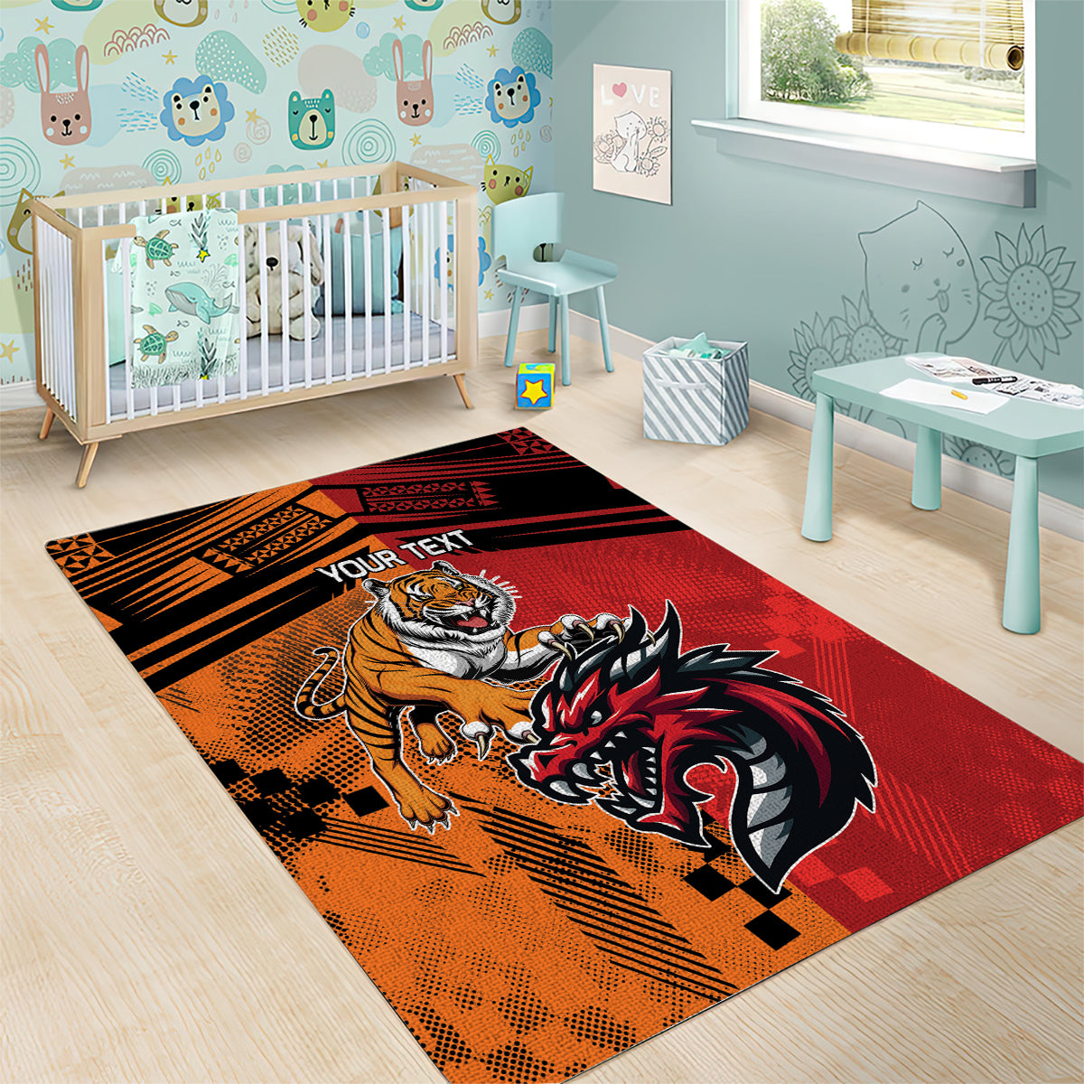 Custom Dragons and Tigers Area Rug Rugby Mascot With Sporty Style