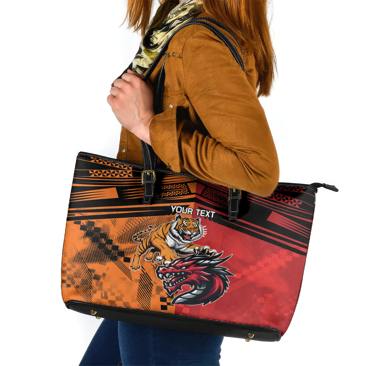 Custom Dragons and Tigers Leather Tote Bag Rugby Mascot With Sporty Style