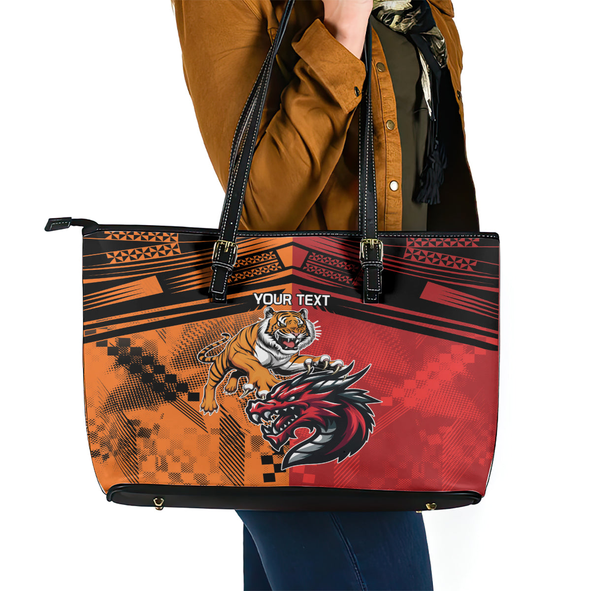 Custom Dragons and Tigers Leather Tote Bag Rugby Mascot With Sporty Style