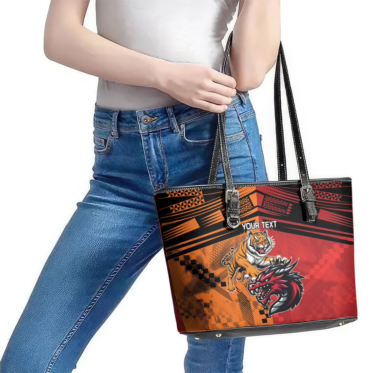 Custom Dragons and Tigers Leather Tote Bag Rugby Mascot With Sporty Style