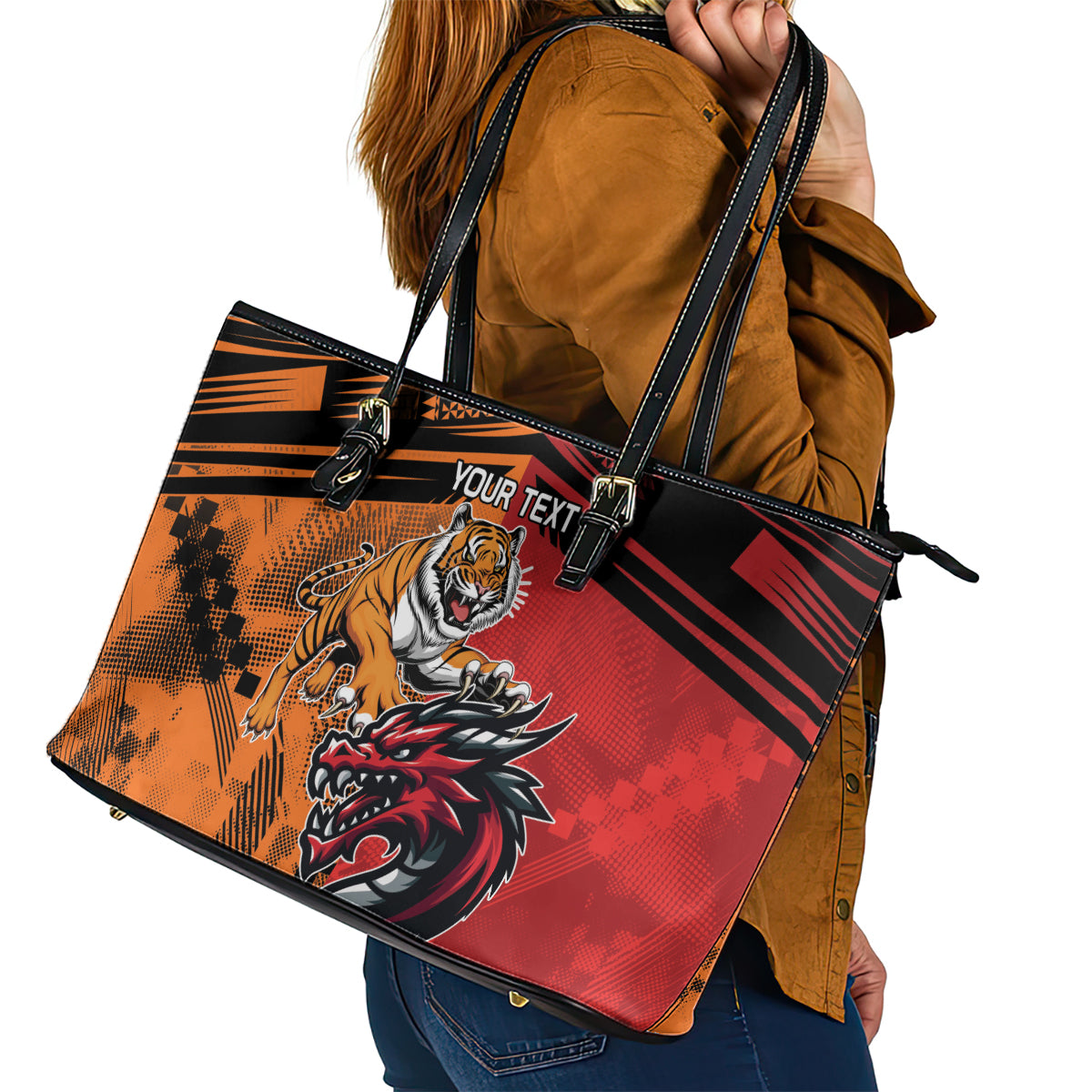 Custom Dragons and Tigers Leather Tote Bag Rugby Mascot With Sporty Style