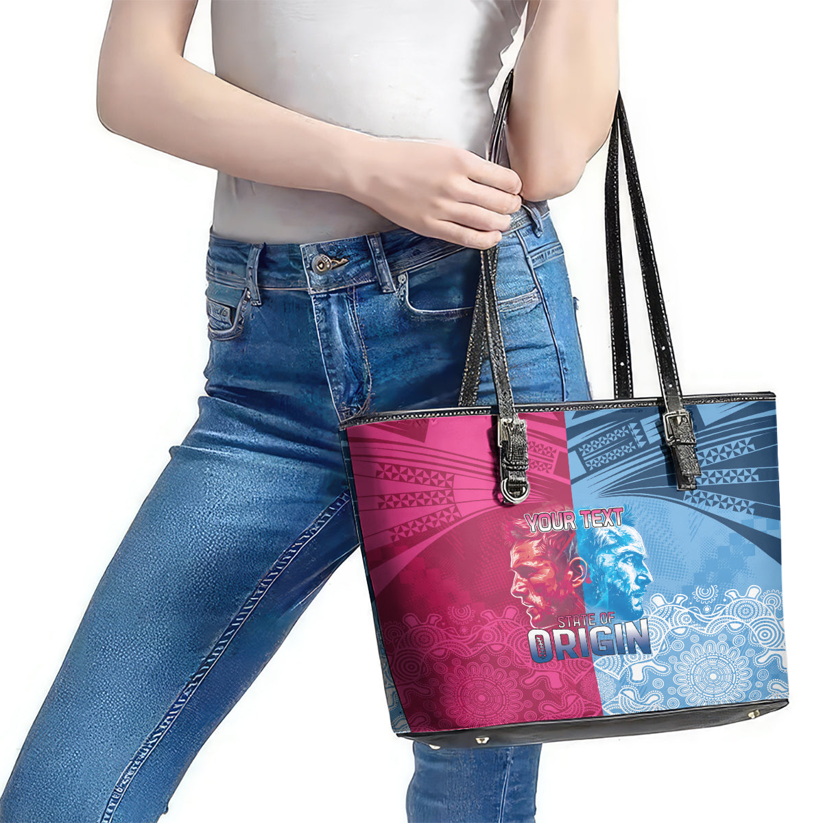 Custom New South Wales and Queensland Leather Tote Bag Rugby Mascot With Sporty Style