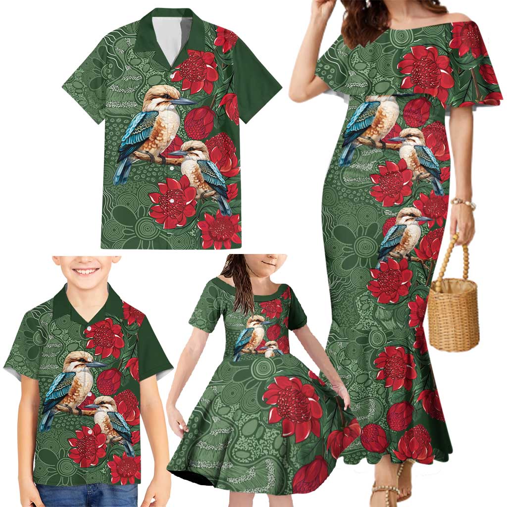 Kokaburra and Waratah Family Matching Mermaid Dress and Hawaiian Shirt Aboriginal Art