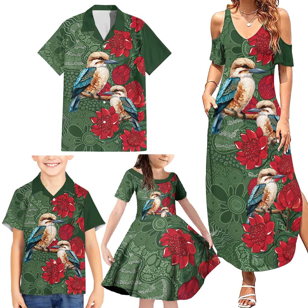 Kokaburra and Waratah Family Matching Summer Maxi Dress and Hawaiian Shirt Aboriginal Art