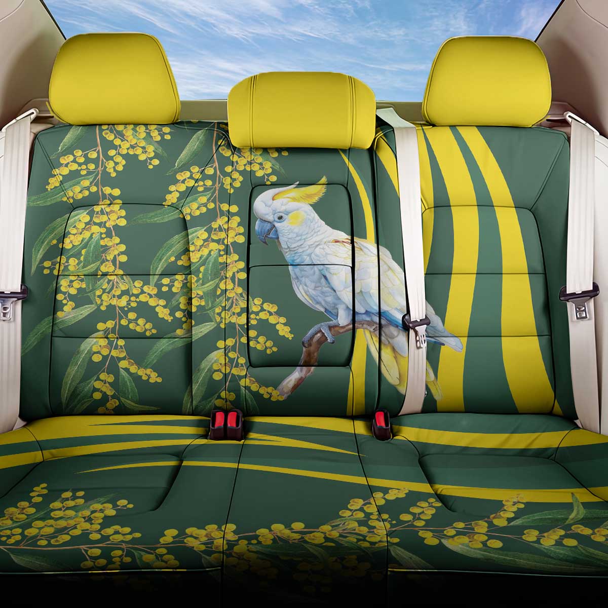 White Cockatoo and Golden Wattle Back Car Seat Cover Australian Native Bird