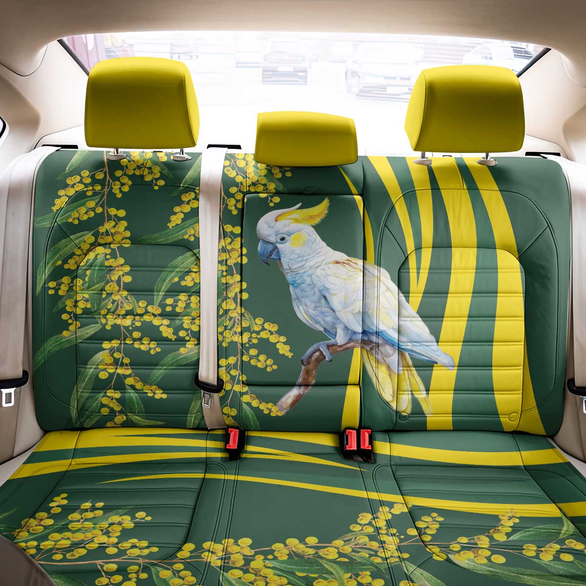 White Cockatoo and Golden Wattle Back Car Seat Cover Australian Native Bird