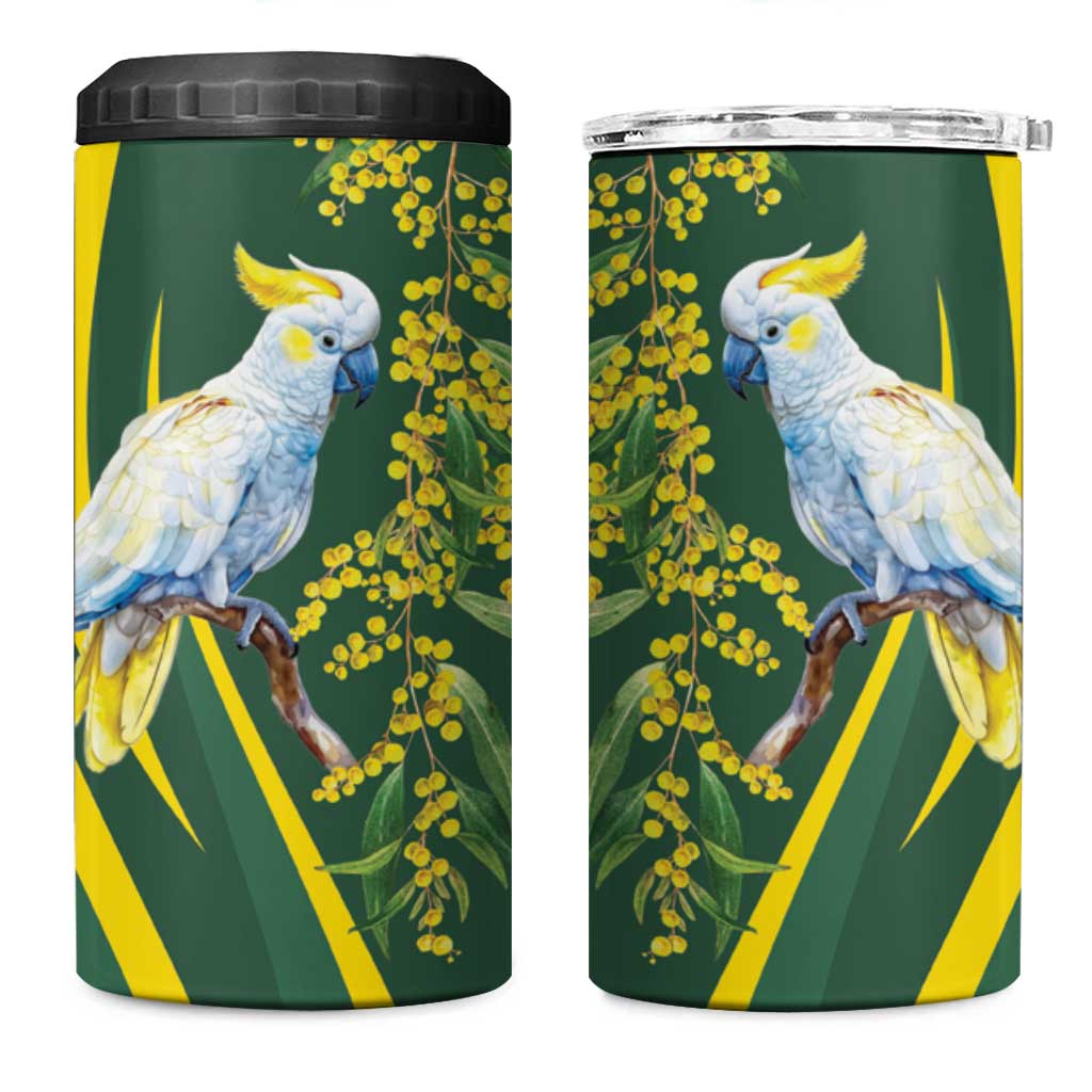 White Cockatoo and Golden Wattle 4 in 1 Can Cooler Tumbler Australian Native Bird