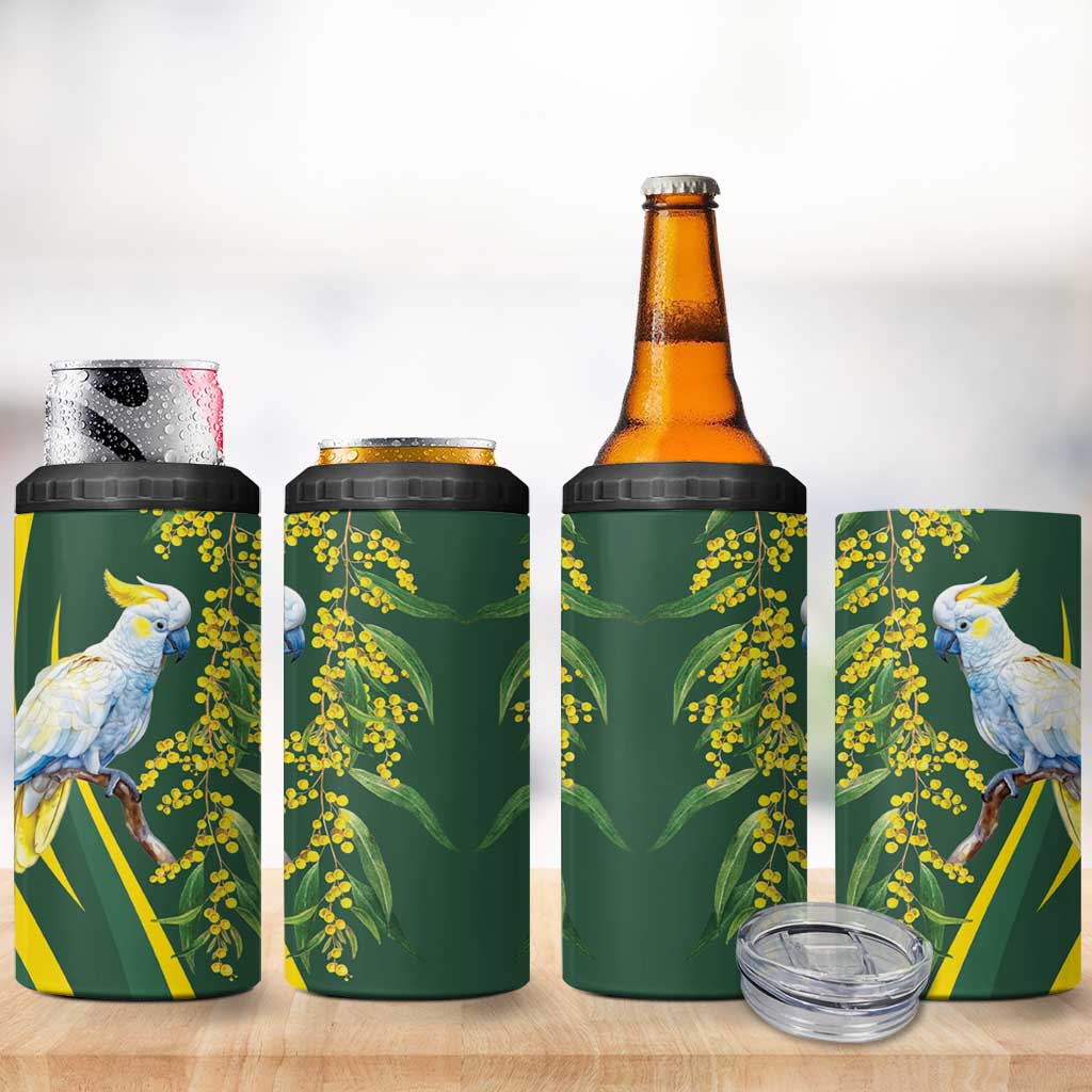 White Cockatoo and Golden Wattle 4 in 1 Can Cooler Tumbler Australian Native Bird