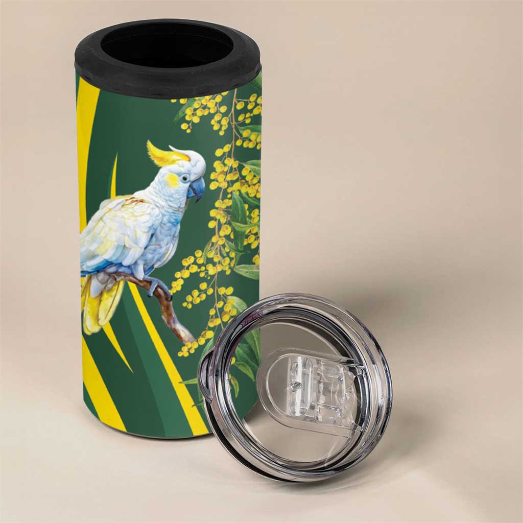 White Cockatoo and Golden Wattle 4 in 1 Can Cooler Tumbler Australian Native Bird