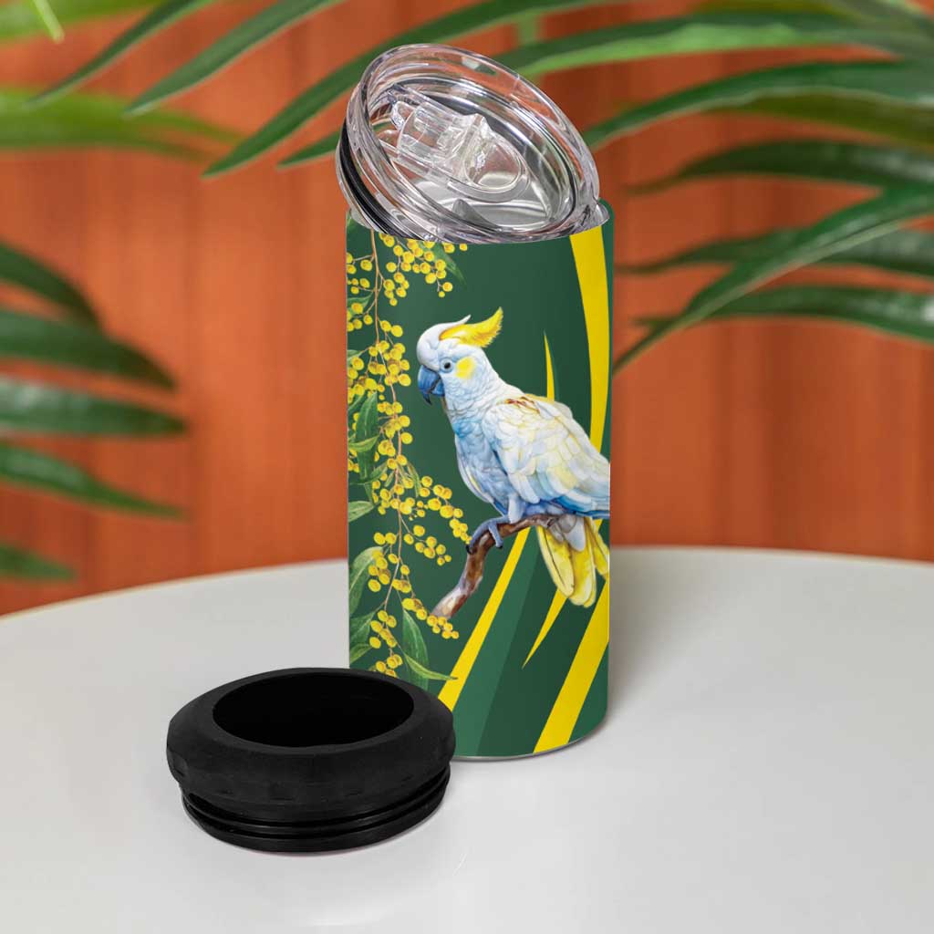 White Cockatoo and Golden Wattle 4 in 1 Can Cooler Tumbler Australian Native Bird