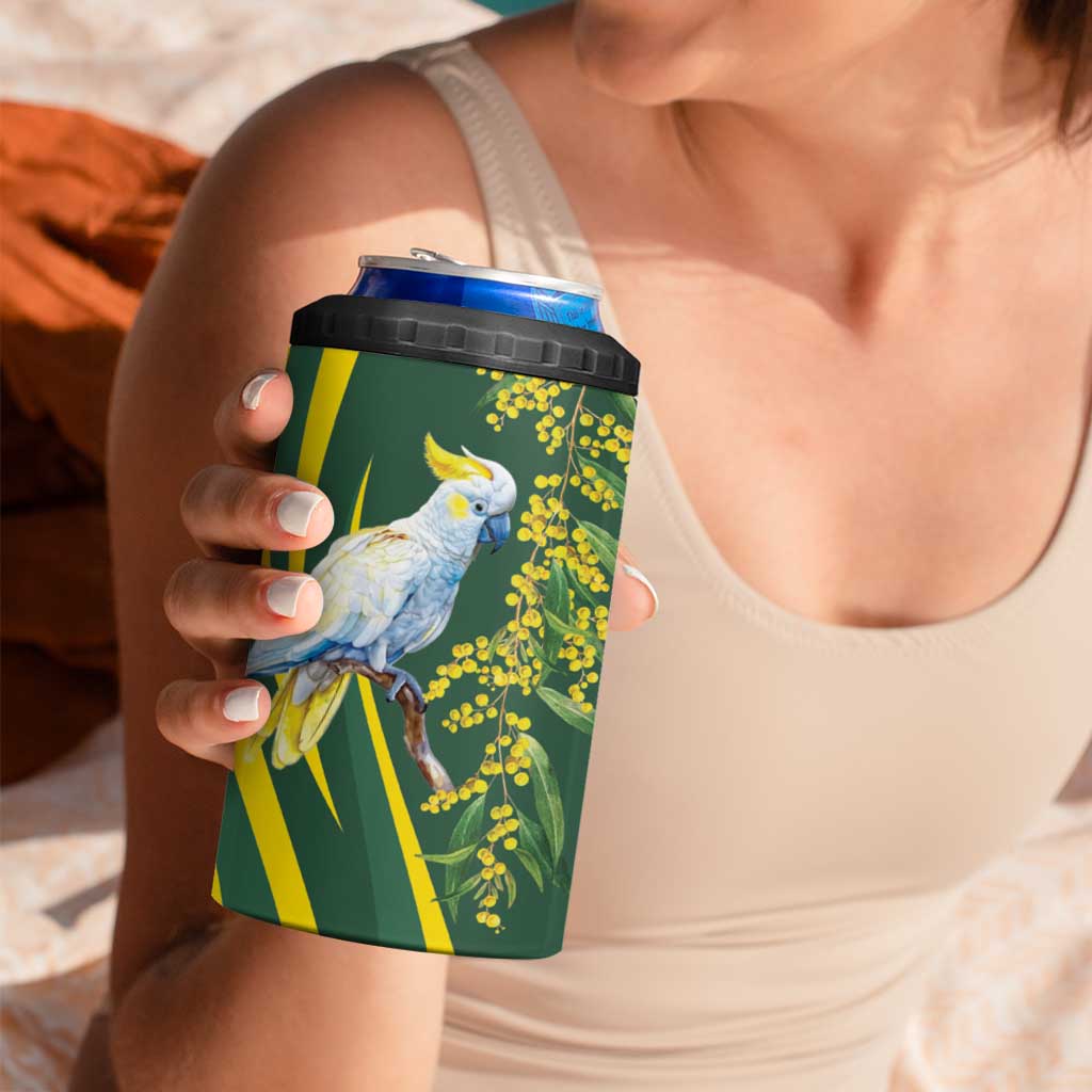 White Cockatoo and Golden Wattle 4 in 1 Can Cooler Tumbler Australian Native Bird