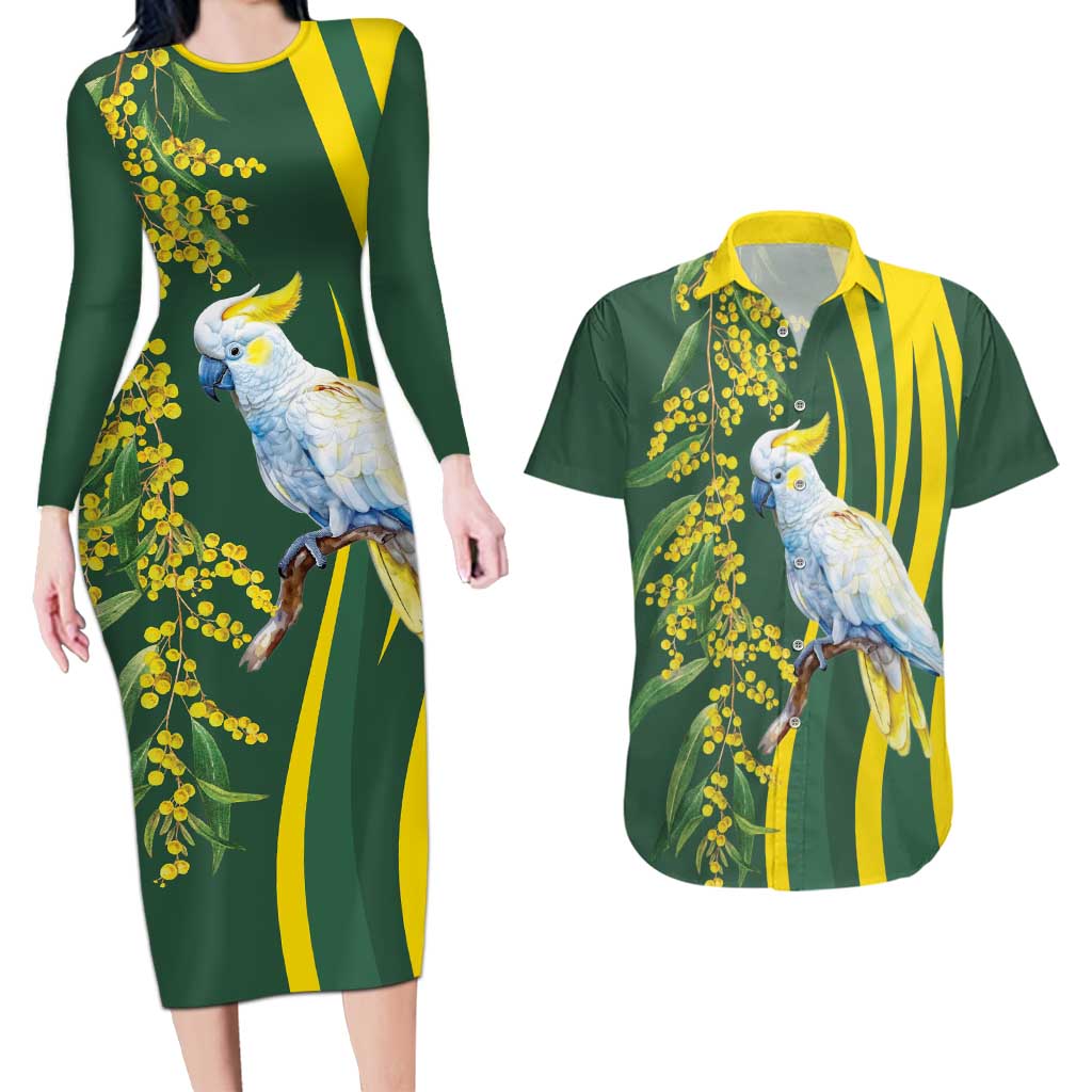 White Cockatoo and Golden Wattle Couples Matching Long Sleeve Bodycon Dress and Hawaiian Shirt Australian Native Bird