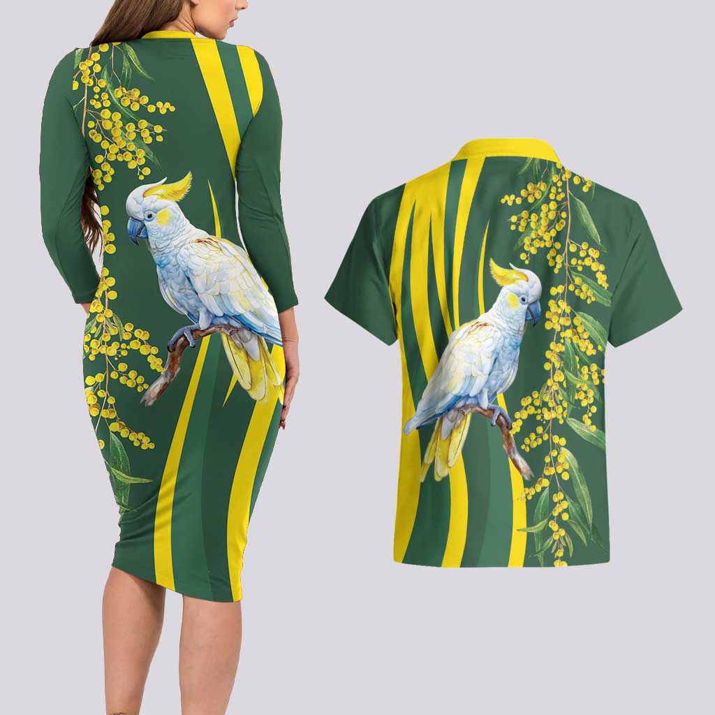 White Cockatoo and Golden Wattle Couples Matching Long Sleeve Bodycon Dress and Hawaiian Shirt Australian Native Bird