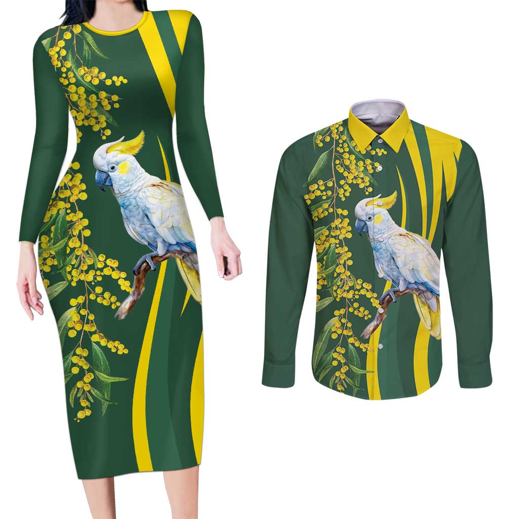 White Cockatoo and Golden Wattle Couples Matching Long Sleeve Bodycon Dress and Long Sleeve Button Shirt Australian Native Bird