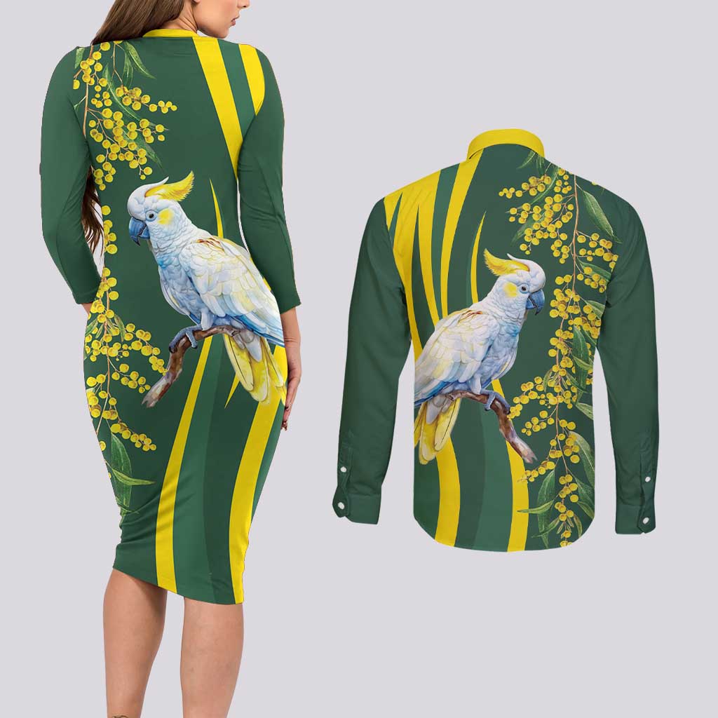 White Cockatoo and Golden Wattle Couples Matching Long Sleeve Bodycon Dress and Long Sleeve Button Shirt Australian Native Bird