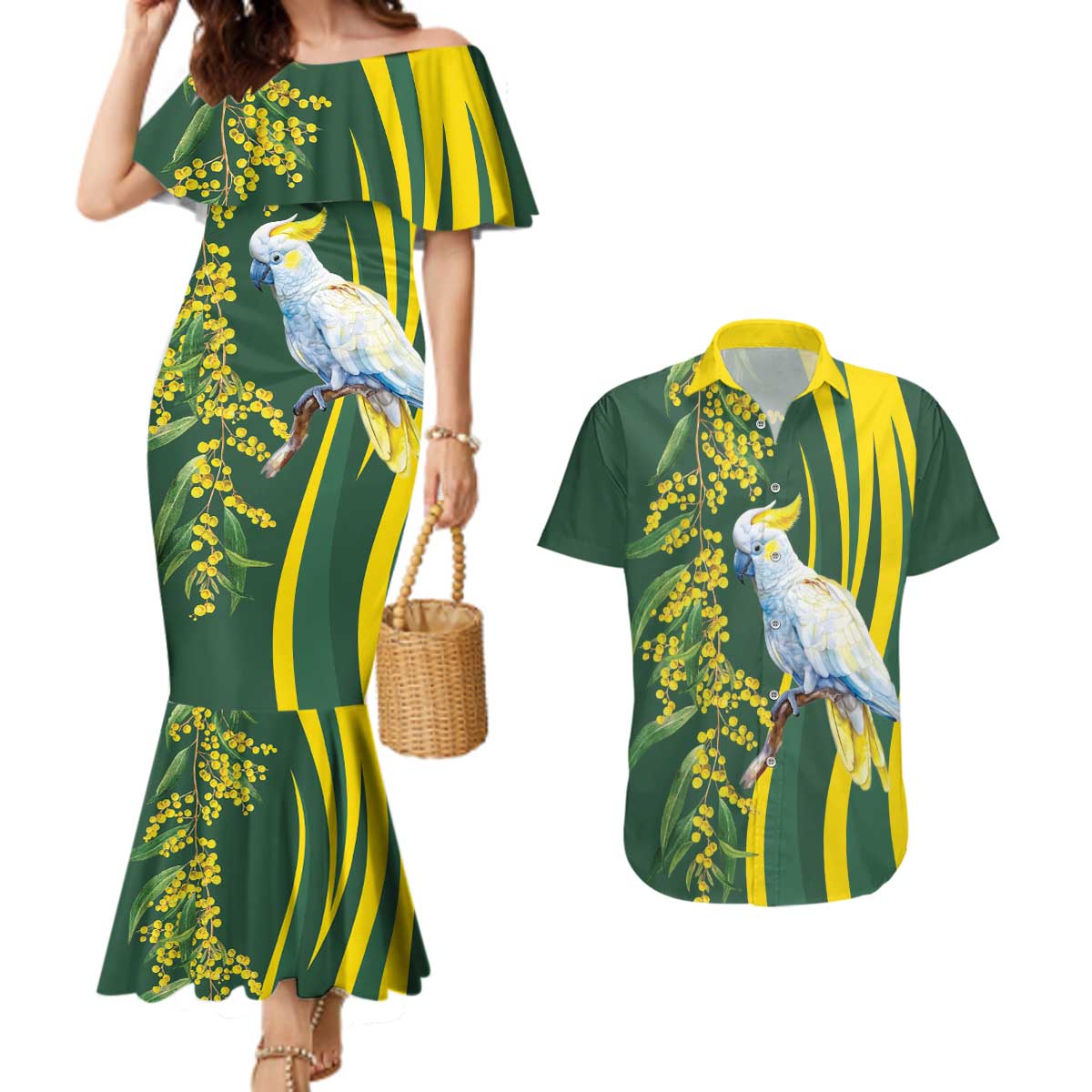 White Cockatoo and Golden Wattle Couples Matching Mermaid Dress and Hawaiian Shirt Australian Native Bird