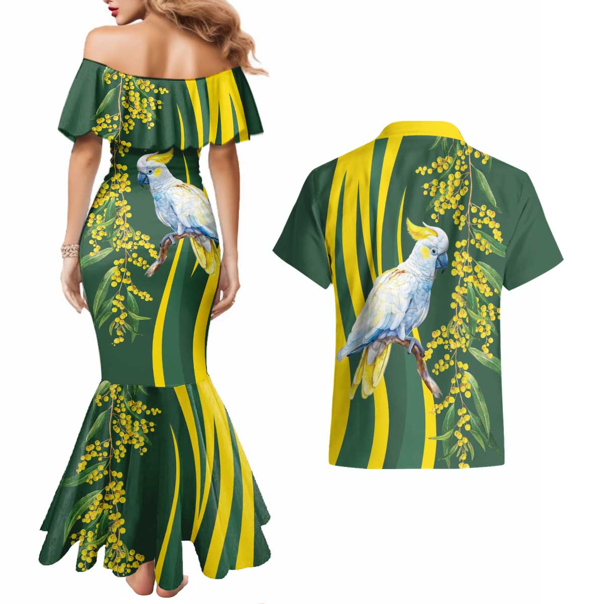 White Cockatoo and Golden Wattle Couples Matching Mermaid Dress and Hawaiian Shirt Australian Native Bird