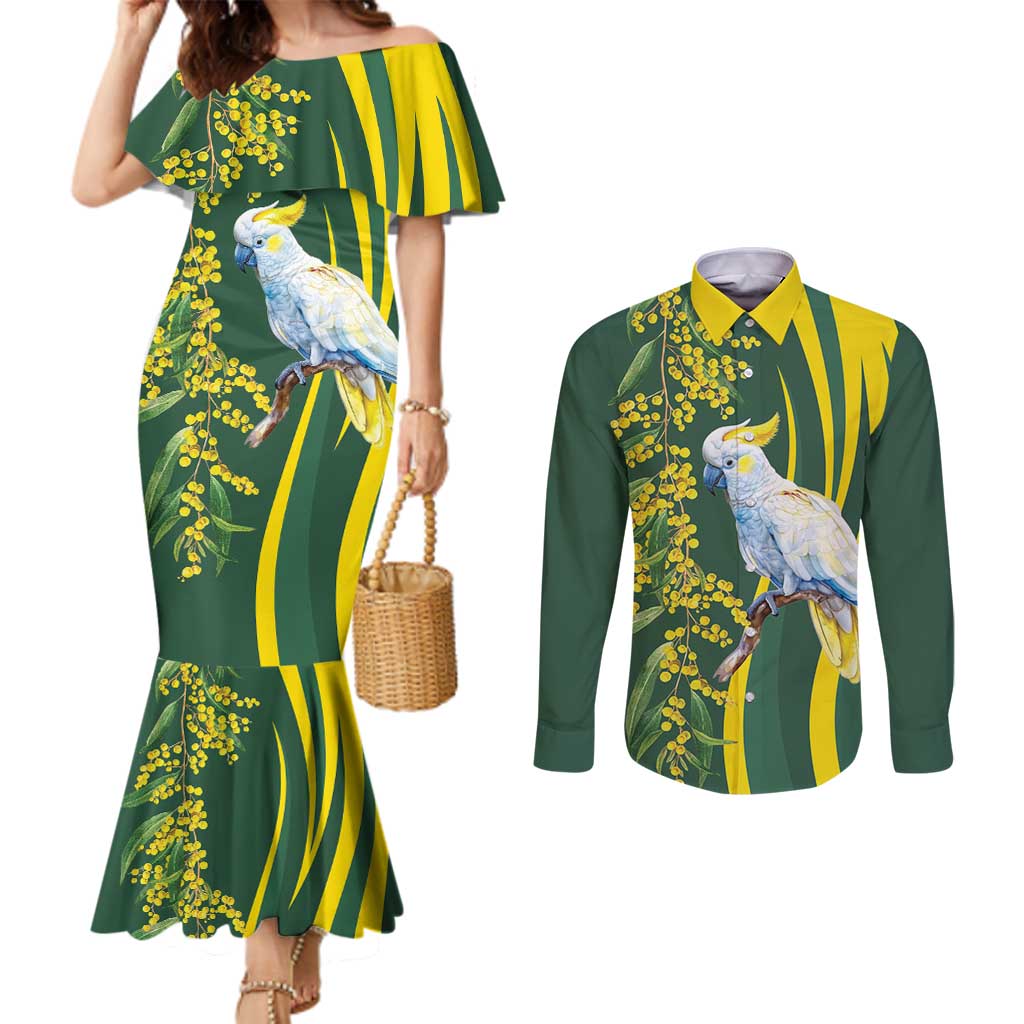 White Cockatoo and Golden Wattle Couples Matching Mermaid Dress and Long Sleeve Button Shirt Australian Native Bird