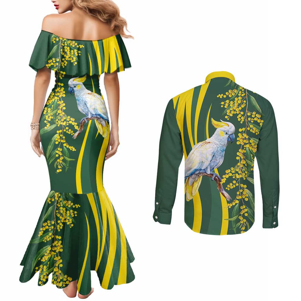 White Cockatoo and Golden Wattle Couples Matching Mermaid Dress and Long Sleeve Button Shirt Australian Native Bird