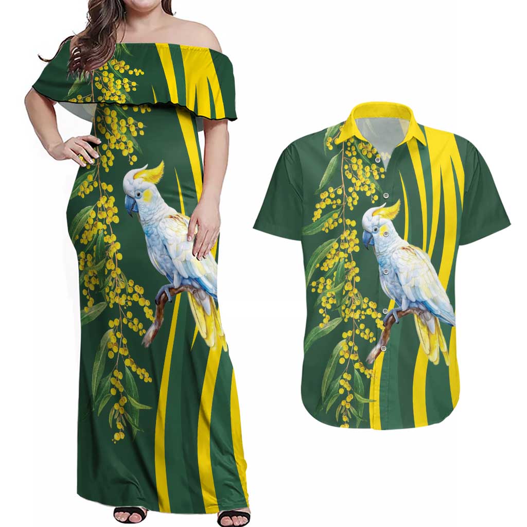 White Cockatoo and Golden Wattle Couples Matching Off Shoulder Maxi Dress and Hawaiian Shirt Australian Native Bird