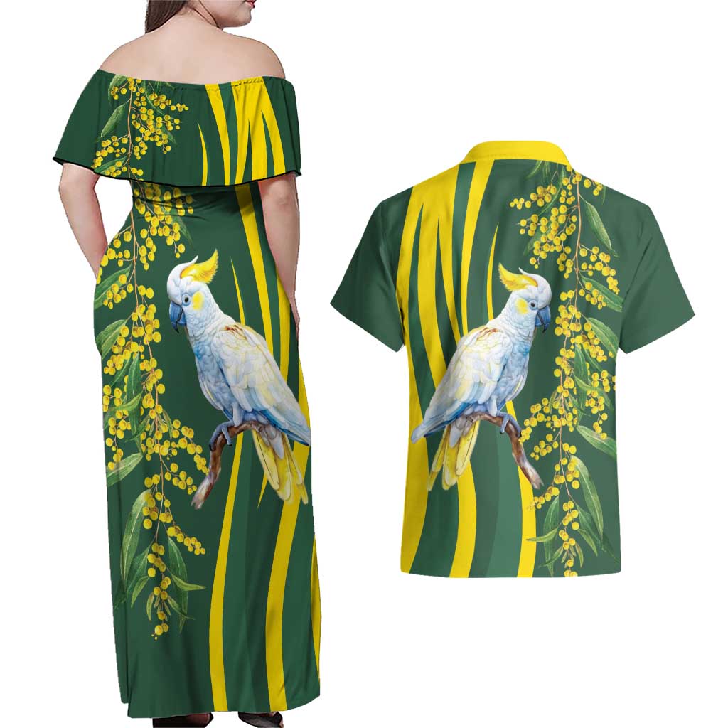 White Cockatoo and Golden Wattle Couples Matching Off Shoulder Maxi Dress and Hawaiian Shirt Australian Native Bird