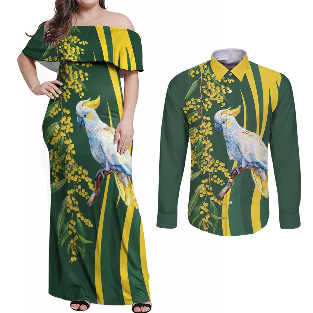 White Cockatoo and Golden Wattle Couples Matching Off Shoulder Maxi Dress and Long Sleeve Button Shirt Australian Native Bird