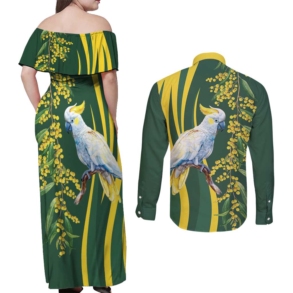 White Cockatoo and Golden Wattle Couples Matching Off Shoulder Maxi Dress and Long Sleeve Button Shirt Australian Native Bird