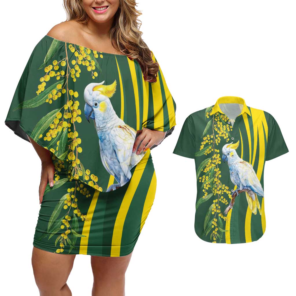 White Cockatoo and Golden Wattle Couples Matching Off Shoulder Short Dress and Hawaiian Shirt Australian Native Bird