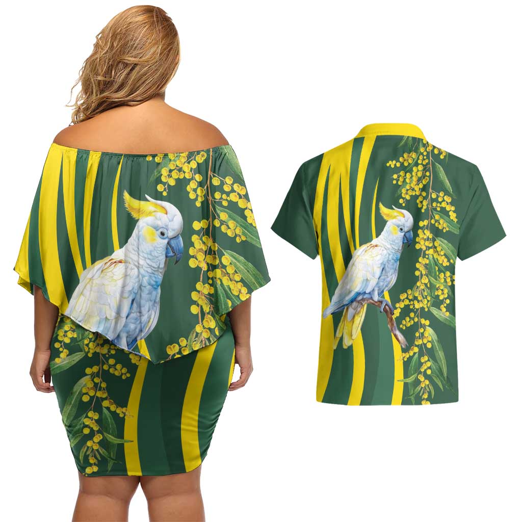 White Cockatoo and Golden Wattle Couples Matching Off Shoulder Short Dress and Hawaiian Shirt Australian Native Bird