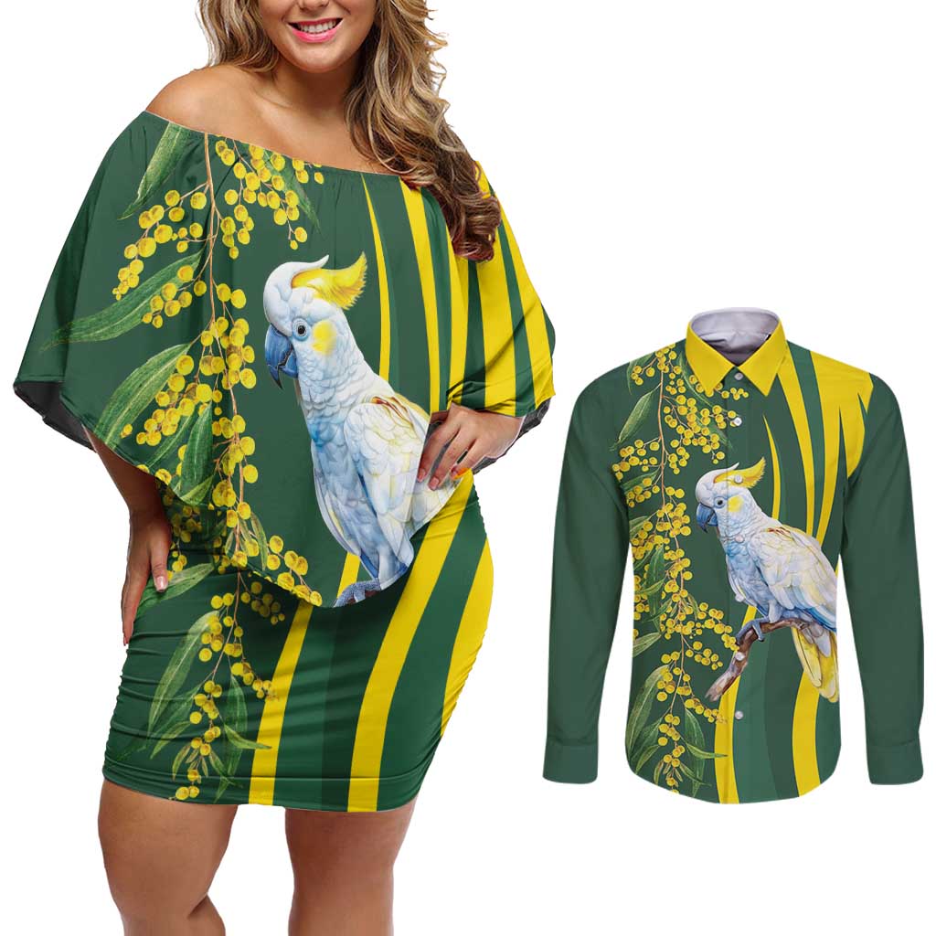 White Cockatoo and Golden Wattle Couples Matching Off Shoulder Short Dress and Long Sleeve Button Shirt Australian Native Bird