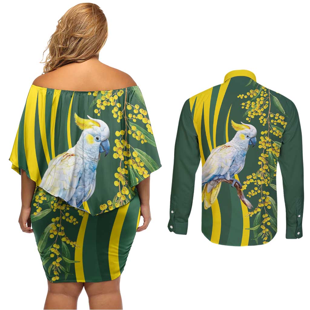 White Cockatoo and Golden Wattle Couples Matching Off Shoulder Short Dress and Long Sleeve Button Shirt Australian Native Bird