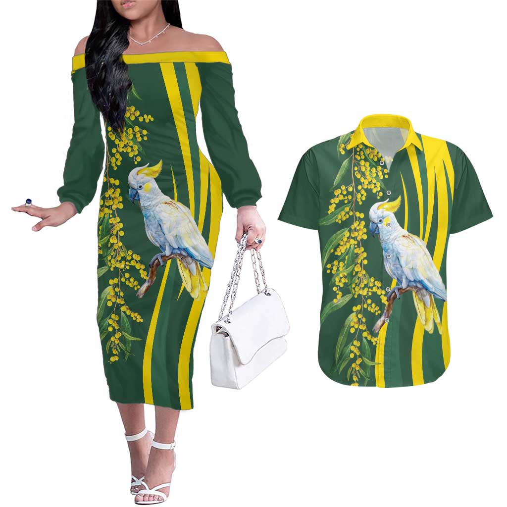 White Cockatoo and Golden Wattle Couples Matching Off The Shoulder Long Sleeve Dress and Hawaiian Shirt Australian Native Bird