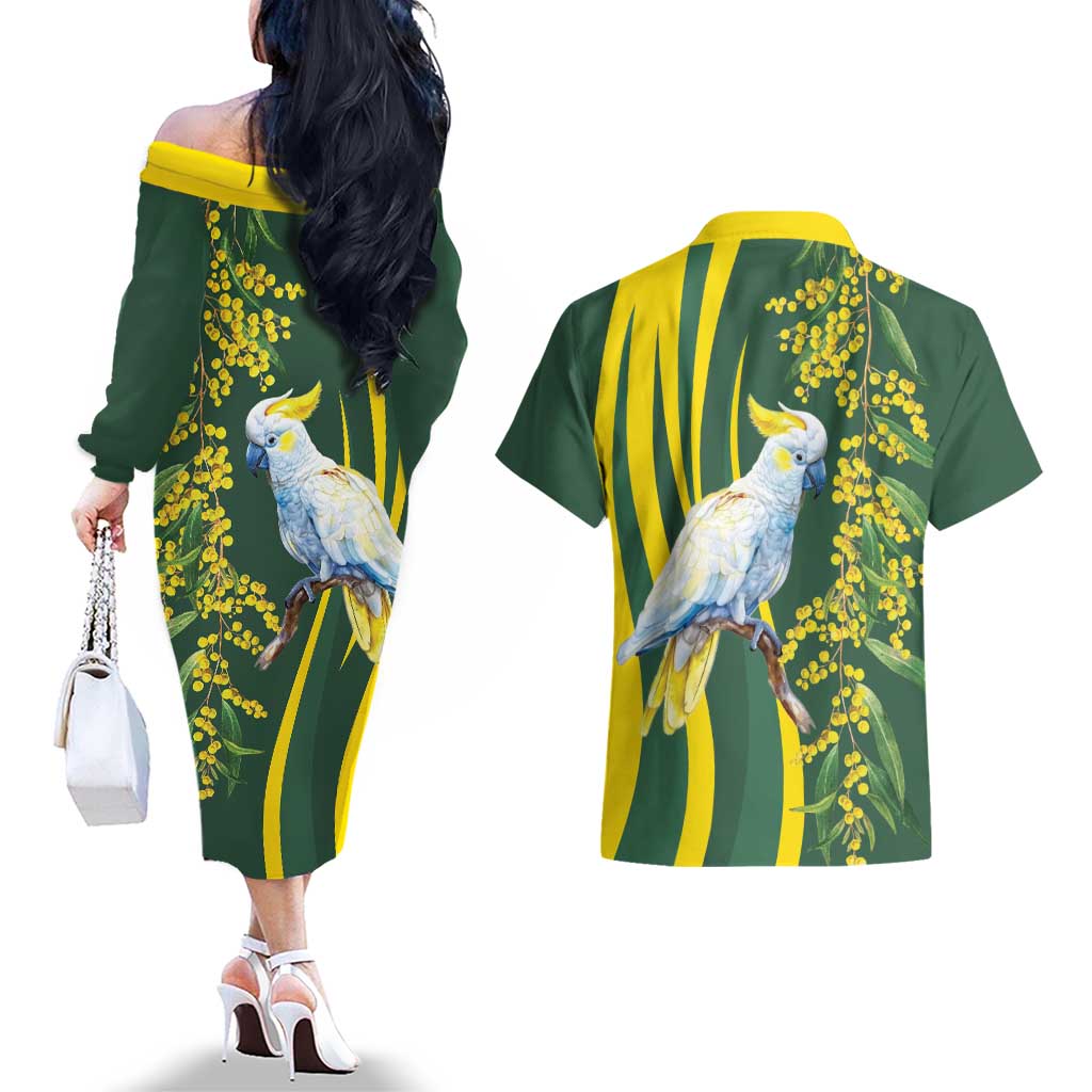 White Cockatoo and Golden Wattle Couples Matching Off The Shoulder Long Sleeve Dress and Hawaiian Shirt Australian Native Bird