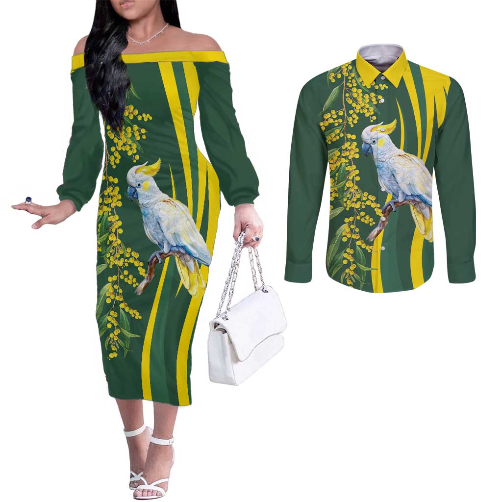 White Cockatoo and Golden Wattle Couples Matching Off The Shoulder Long Sleeve Dress and Long Sleeve Button Shirt Australian Native Bird