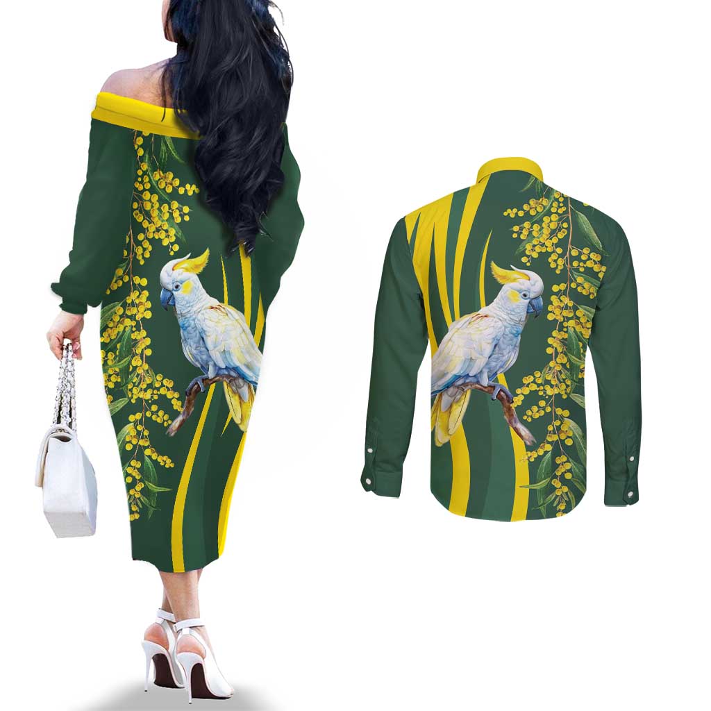 White Cockatoo and Golden Wattle Couples Matching Off The Shoulder Long Sleeve Dress and Long Sleeve Button Shirt Australian Native Bird