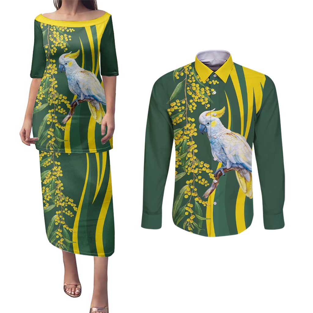 White Cockatoo and Golden Wattle Couples Matching Puletasi and Long Sleeve Button Shirt Australian Native Bird