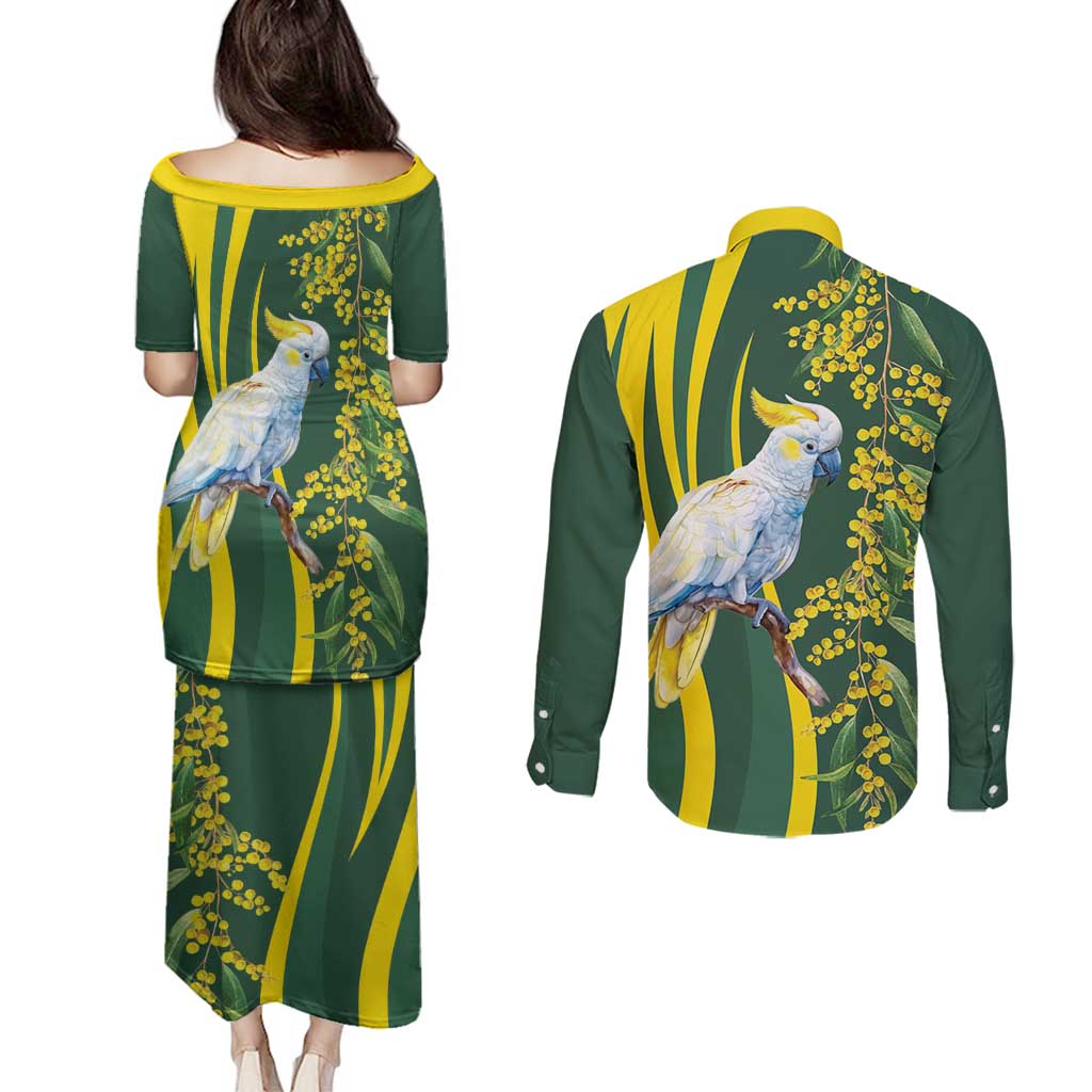 White Cockatoo and Golden Wattle Couples Matching Puletasi and Long Sleeve Button Shirt Australian Native Bird