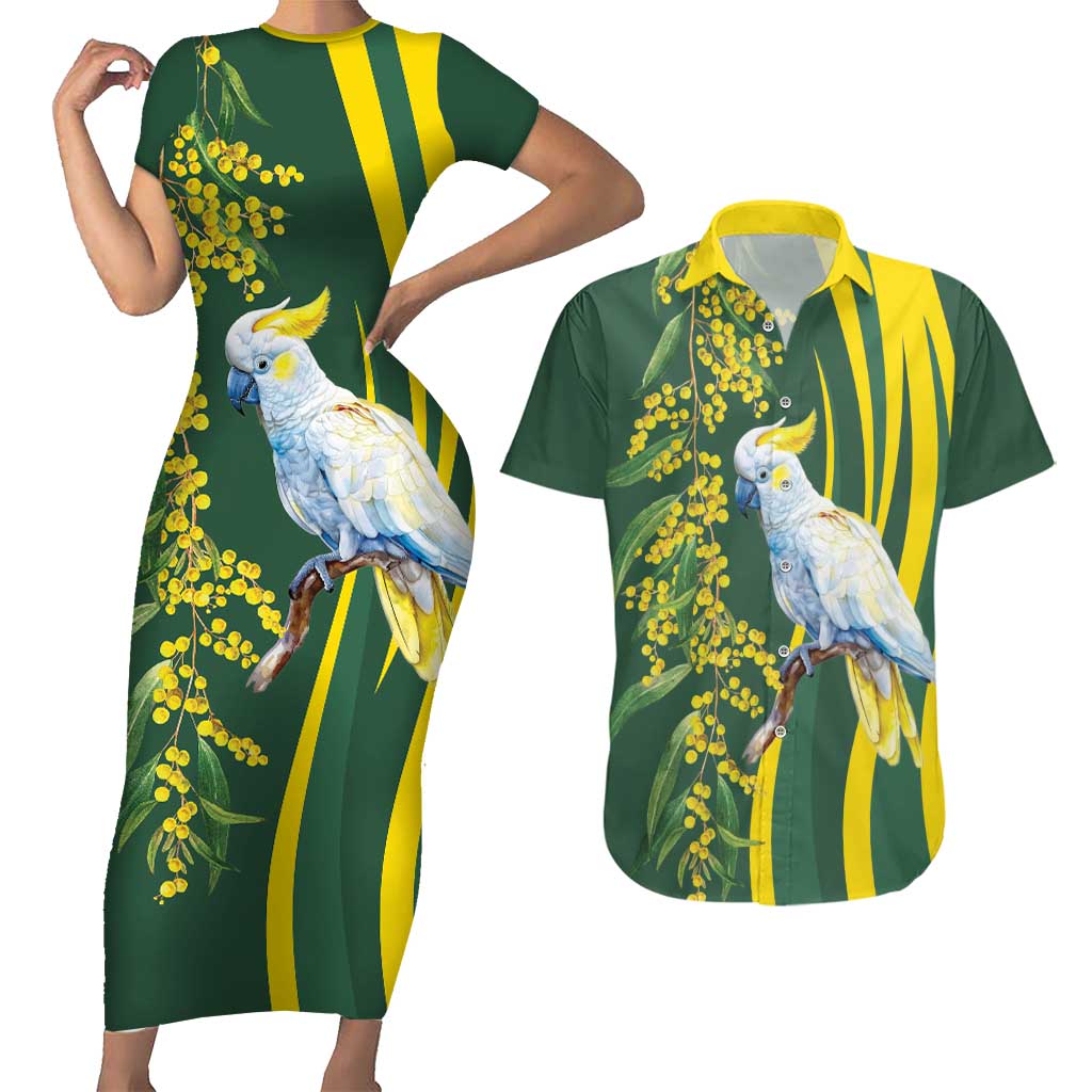 White Cockatoo and Golden Wattle Couples Matching Short Sleeve Bodycon Dress and Hawaiian Shirt Australian Native Bird