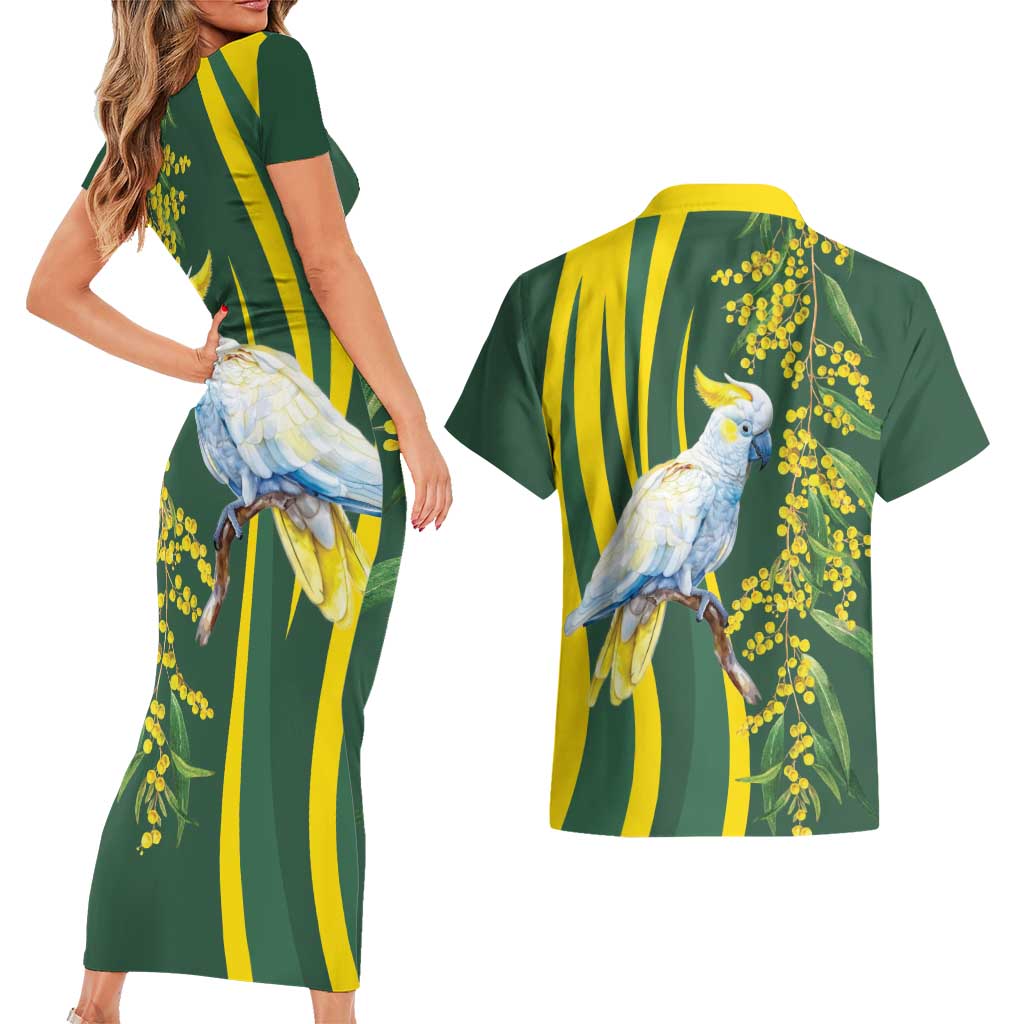 White Cockatoo and Golden Wattle Couples Matching Short Sleeve Bodycon Dress and Hawaiian Shirt Australian Native Bird