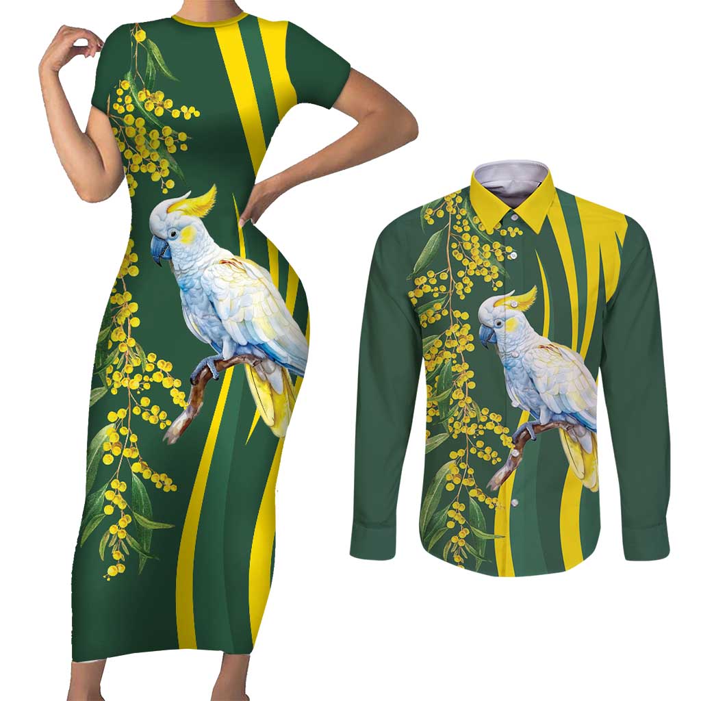 White Cockatoo and Golden Wattle Couples Matching Short Sleeve Bodycon Dress and Long Sleeve Button Shirt Australian Native Bird