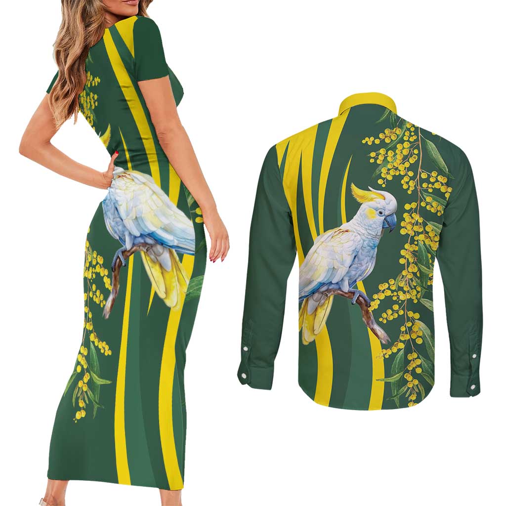 White Cockatoo and Golden Wattle Couples Matching Short Sleeve Bodycon Dress and Long Sleeve Button Shirt Australian Native Bird