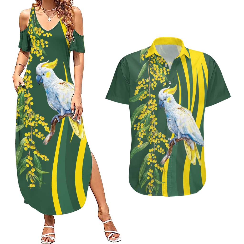 White Cockatoo and Golden Wattle Couples Matching Summer Maxi Dress and Hawaiian Shirt Australian Native Bird