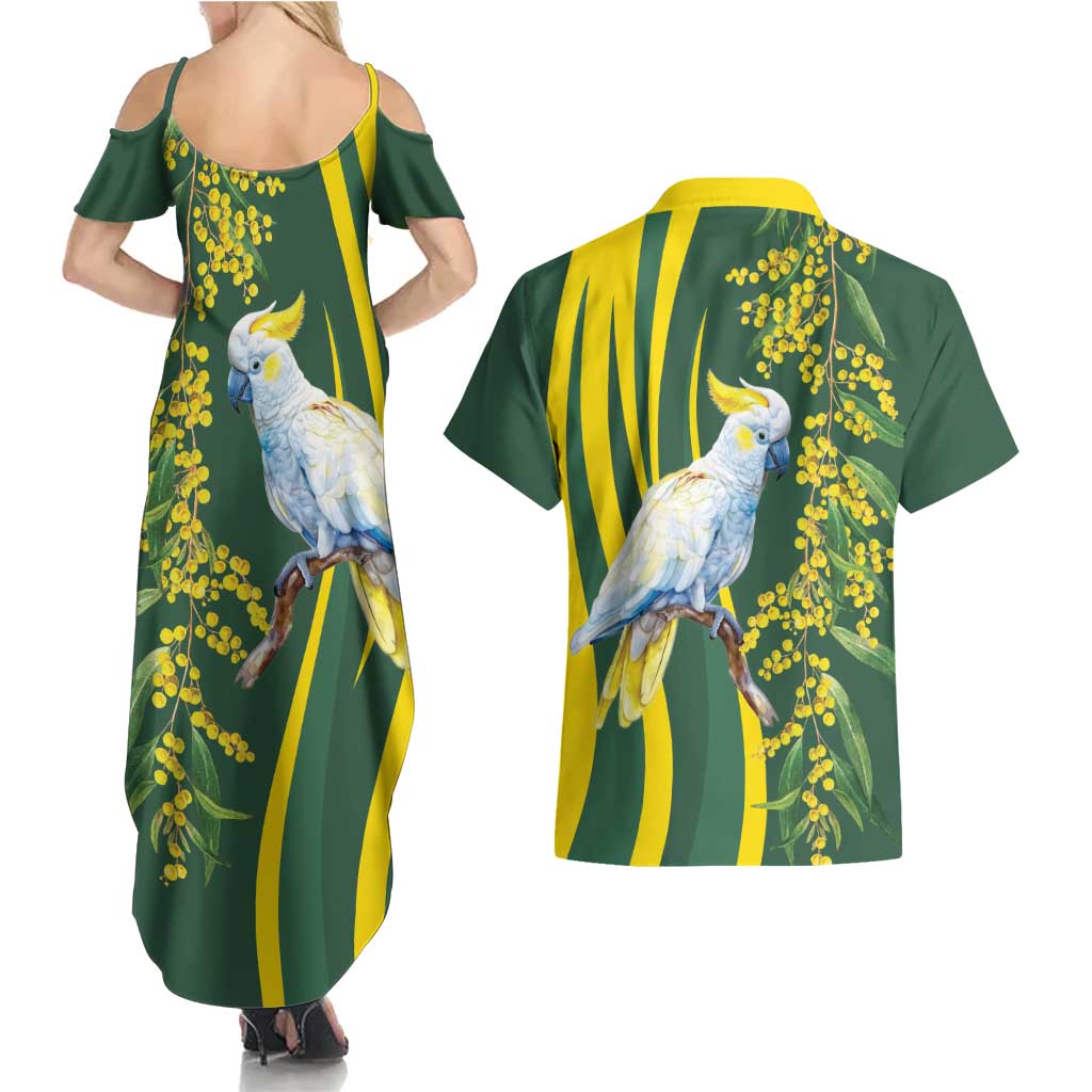 White Cockatoo and Golden Wattle Couples Matching Summer Maxi Dress and Hawaiian Shirt Australian Native Bird