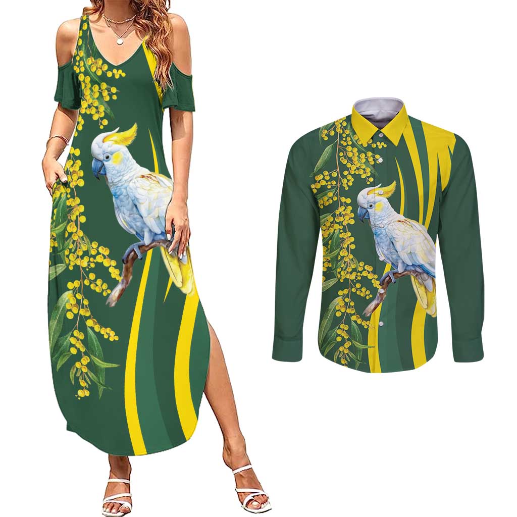 White Cockatoo and Golden Wattle Couples Matching Summer Maxi Dress and Long Sleeve Button Shirt Australian Native Bird