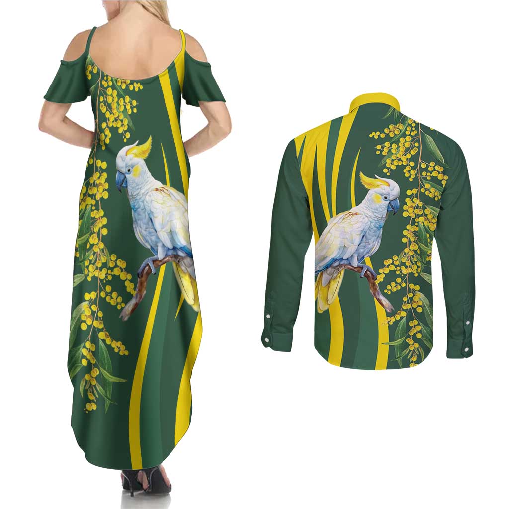 White Cockatoo and Golden Wattle Couples Matching Summer Maxi Dress and Long Sleeve Button Shirt Australian Native Bird