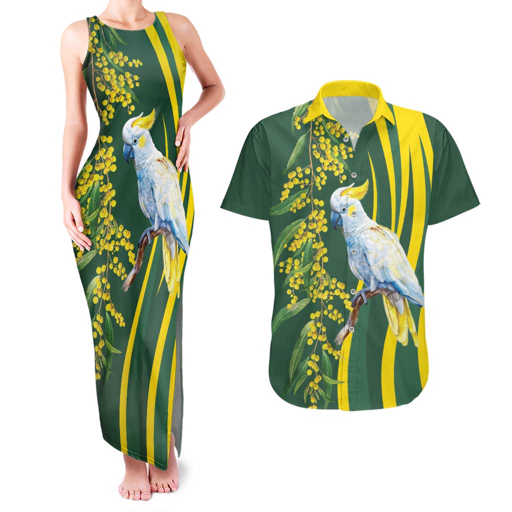 White Cockatoo and Golden Wattle Couples Matching Tank Maxi Dress and Hawaiian Shirt Australian Native Bird