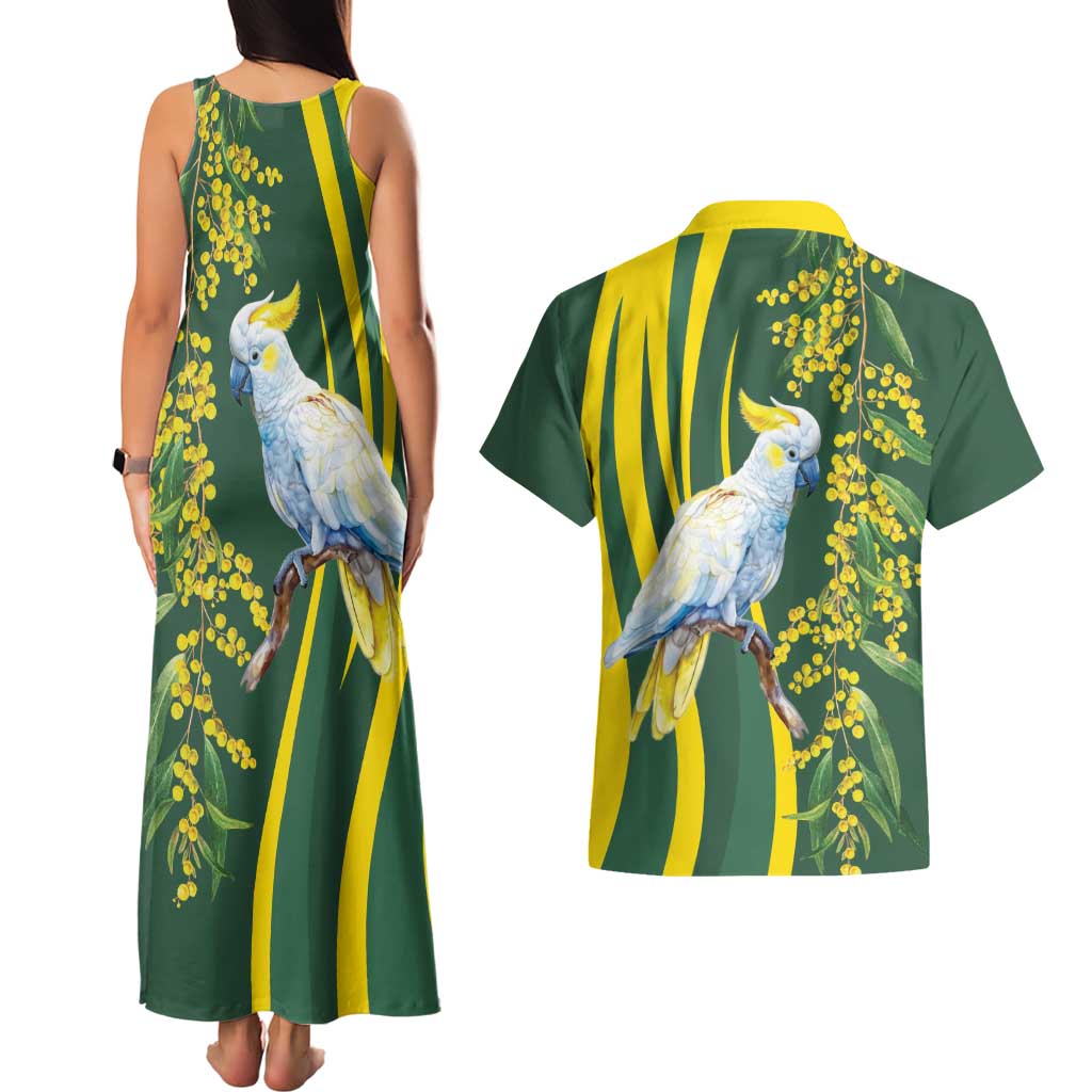 White Cockatoo and Golden Wattle Couples Matching Tank Maxi Dress and Hawaiian Shirt Australian Native Bird