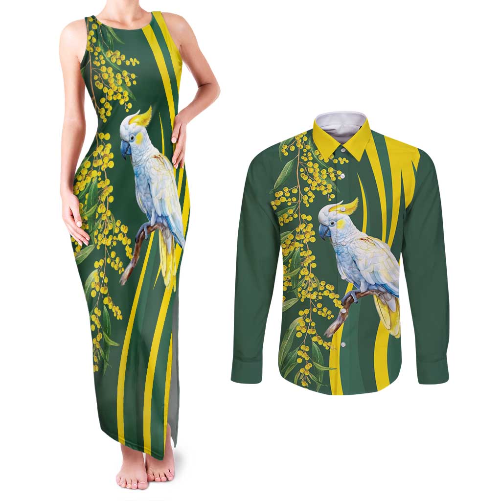 White Cockatoo and Golden Wattle Couples Matching Tank Maxi Dress and Long Sleeve Button Shirt Australian Native Bird