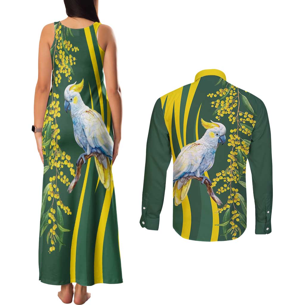 White Cockatoo and Golden Wattle Couples Matching Tank Maxi Dress and Long Sleeve Button Shirt Australian Native Bird