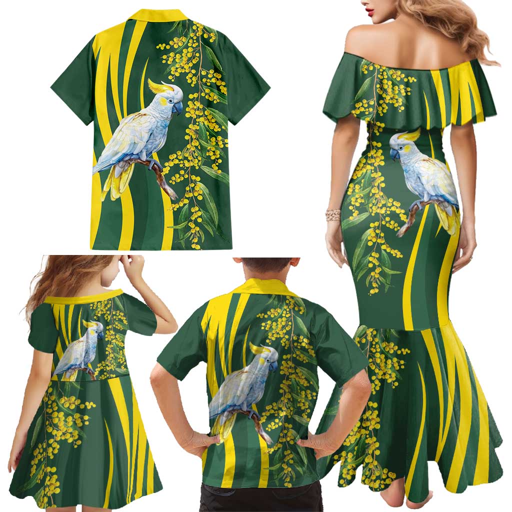 White Cockatoo and Golden Wattle Family Matching Mermaid Dress and Hawaiian Shirt Australian Native Bird